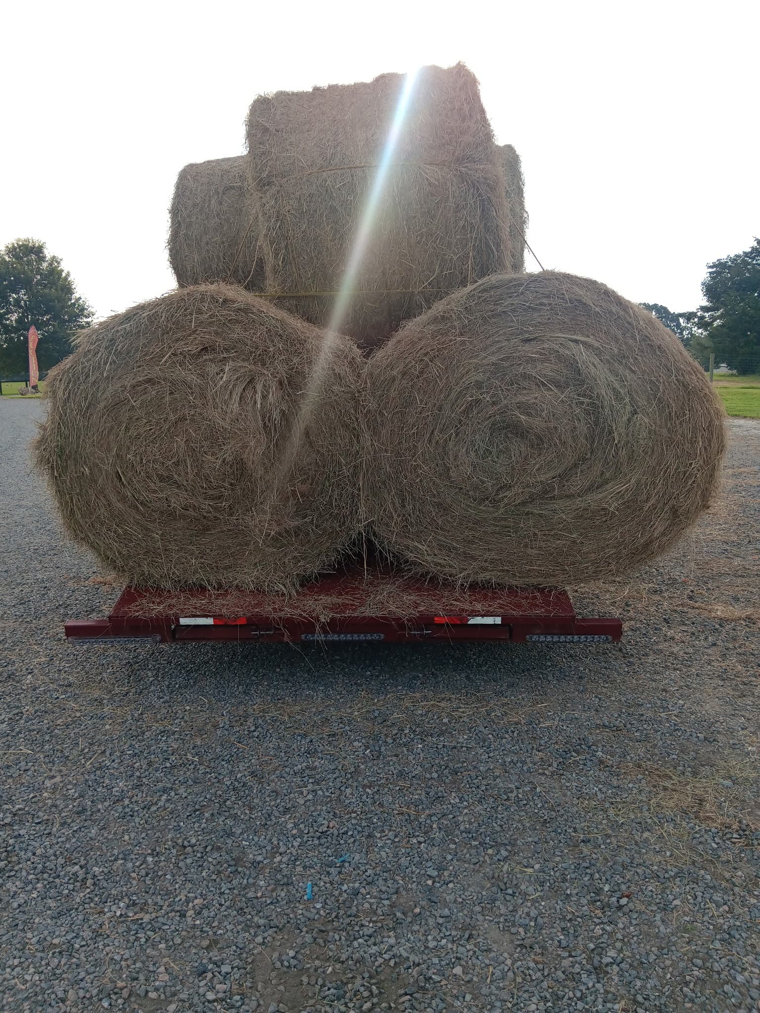 Kawasaki utility vehicle secured on a mesh equipment trailer surrounded by trees